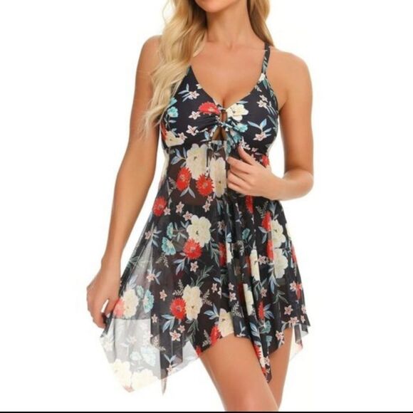 Finwanlo Womens Two Piece Swim Dress Mesh Tankini Top & Bottom Shorts Size XXL - Picture 3 of 14